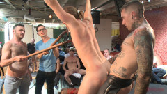 Bound hunk publicly tormented and gang fucked for his first Dore Alley