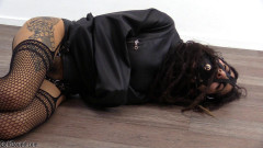 Aisha – leather straitjacket and muzzle gag Beltbound