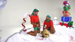 Impish Little Elves: Casey Everett Edged by Santa and his Lil Helper